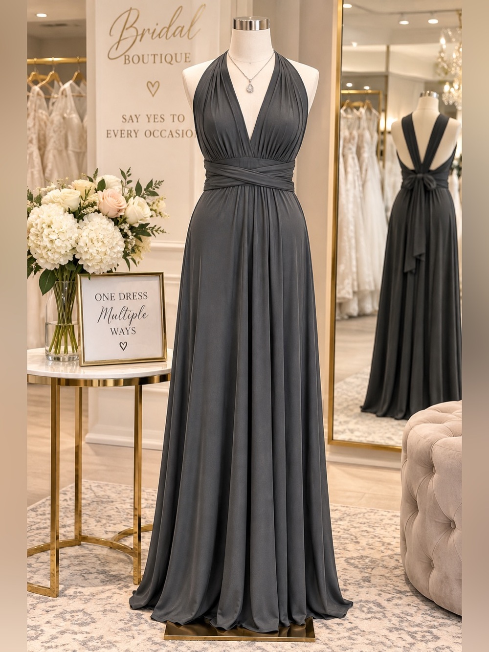Women’s Gray Convertible Formal Maxi Dress with Plunge V-Neck